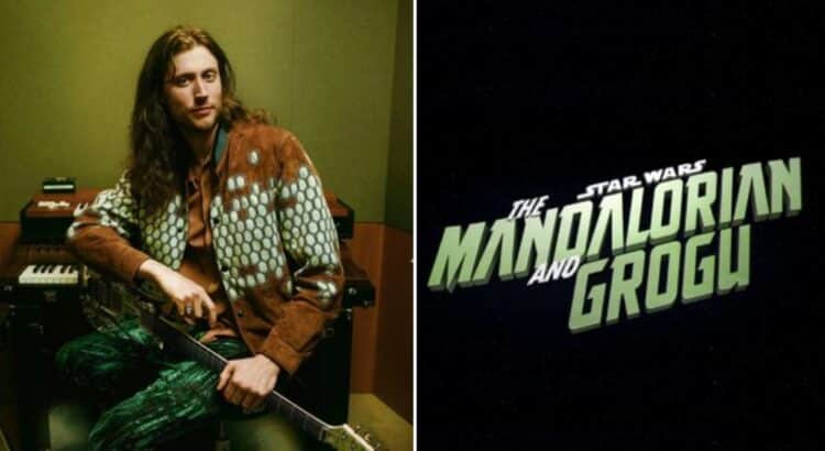 Composer Ludwig Göransson with musical instruments alongside The Mandalorian and Grogu movie logo.