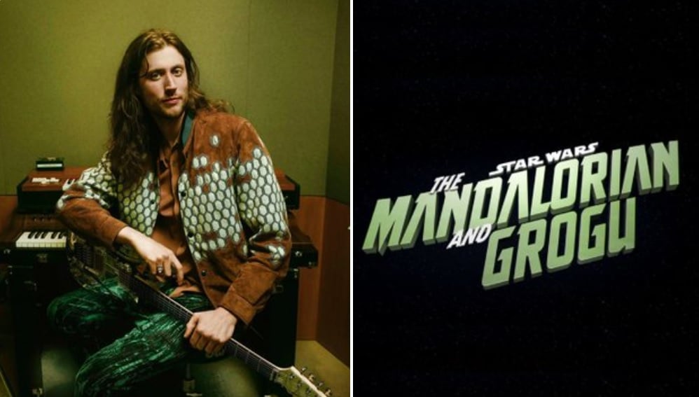 Composer Ludwig Göransson with musical instruments alongside The Mandalorian and Grogu movie logo.