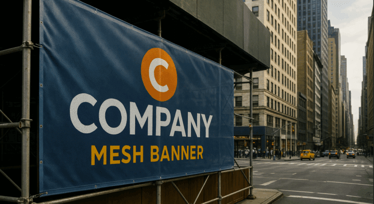 Large mesh banner on scaffolding in New York City street promoting a company