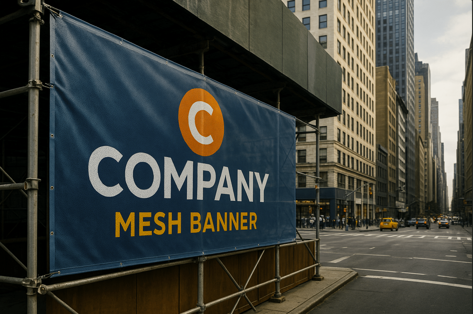 Large mesh banner on scaffolding in New York City street promoting a company