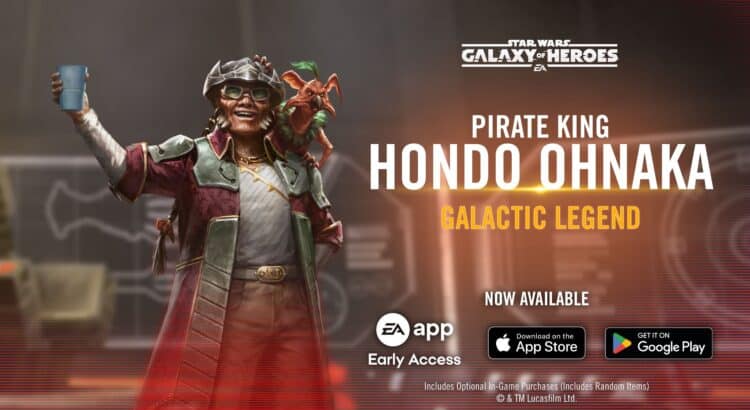 Promotional artwork of Pirate King Hondo Ohnaka raising a drink, celebrating his debut as a Galactic Legend in Star Wars: Galaxy of Heroes.