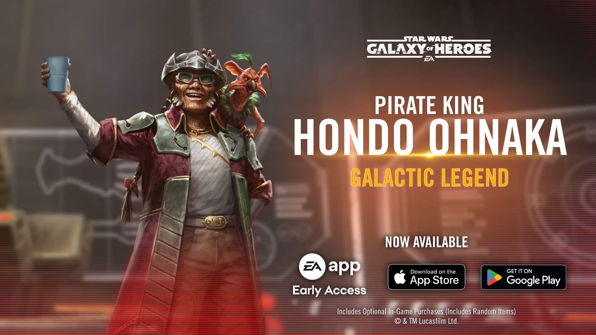 Promotional artwork of Pirate King Hondo Ohnaka raising a drink, celebrating his debut as a Galactic Legend in Star Wars: Galaxy of Heroes.