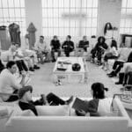 Black-and-white photo of the Spaceballs 2: The Table Read Awakens cast and crew seated in a large circle during the script table read.