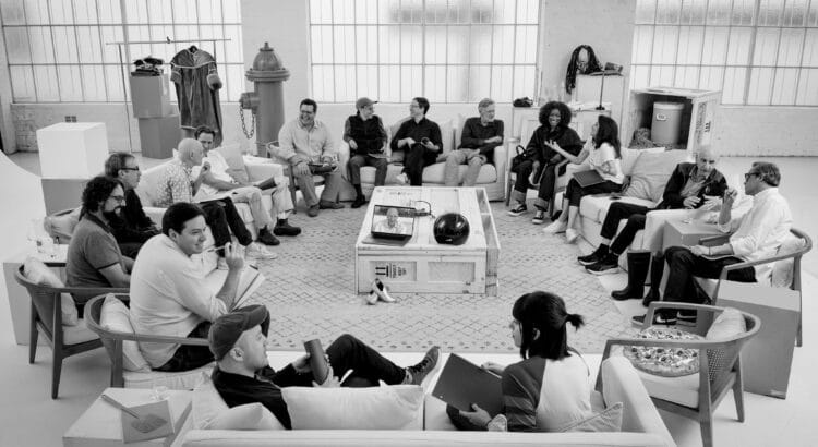 Black-and-white photo of the Spaceballs 2: The Table Read Awakens cast and crew seated in a large circle during the script table read.