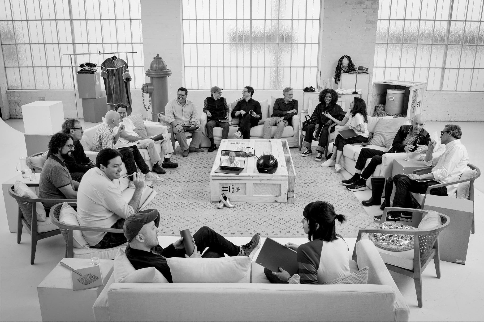Black-and-white photo of the Spaceballs 2: The Table Read Awakens cast and crew seated in a large circle during the script table read.