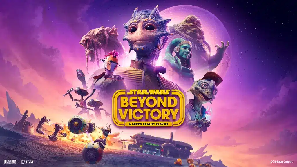 Official key art for Star Wars: Beyond Victory, a mixed reality playset launching October 7, 2025. The artwork features vibrant alien characters, podracing action, and a glowing galactic backdrop, highlighting the immersive Star Wars VR experience for Meta Quest.