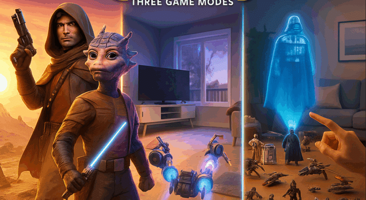 Promotional artwork for Star Wars: Beyond Victory showcasing its three modes: Adventure Mode with Sebulba and Volo Bolus, Arcade Mode with high-speed podracing, and Playset Mode with Star Wars figures and vehicles coming to life in mixed reality.
