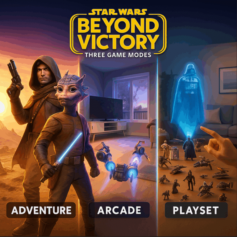 Promotional artwork for Star Wars: Beyond Victory showcasing its three modes: Adventure Mode with Sebulba and Volo Bolus, Arcade Mode with high-speed podracing, and Playset Mode with Star Wars figures and vehicles coming to life in mixed reality.