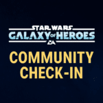 Star Wars Galaxy of Heroes Community Check-In promotional graphic with game logo on a starry space background.