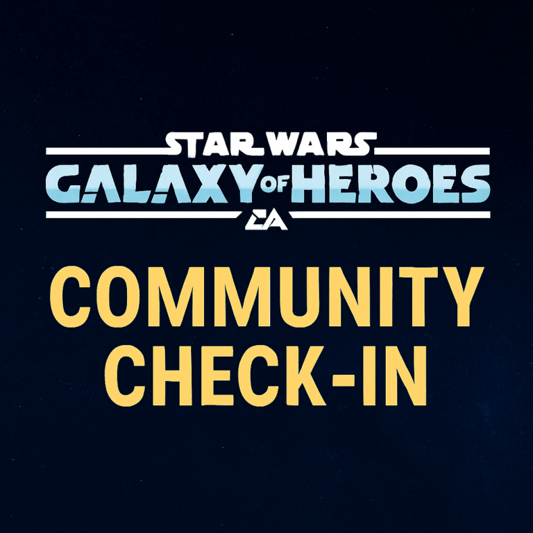 Star Wars Galaxy of Heroes Community Check-In promotional graphic with game logo on a starry space background.
