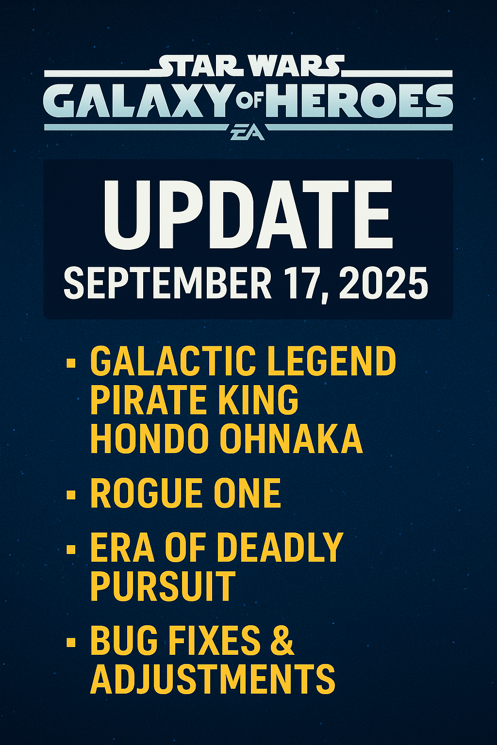 Star Wars Galaxy of Heroes September 17 2025 update graphic listing new features and bug fixes.