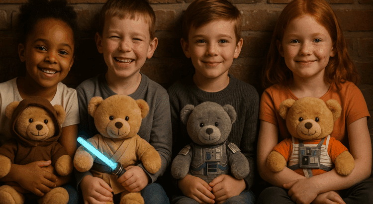 Children holding Star Wars-inspired teddy bears dressed as Jedi, pilots, and droids