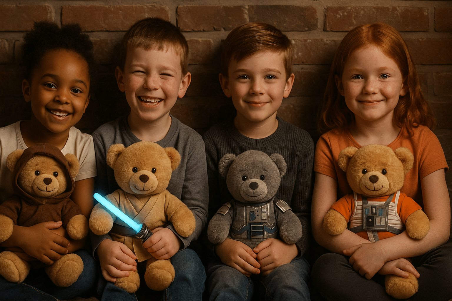 Children holding Star Wars-inspired teddy bears dressed as Jedi, pilots, and droids