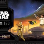 Official artwork for Star Wars Unlimited: Secrets of Power showing Jabba the Hutt, C-3PO, Han Solo, Mon Mothma and Coruscant skyline.