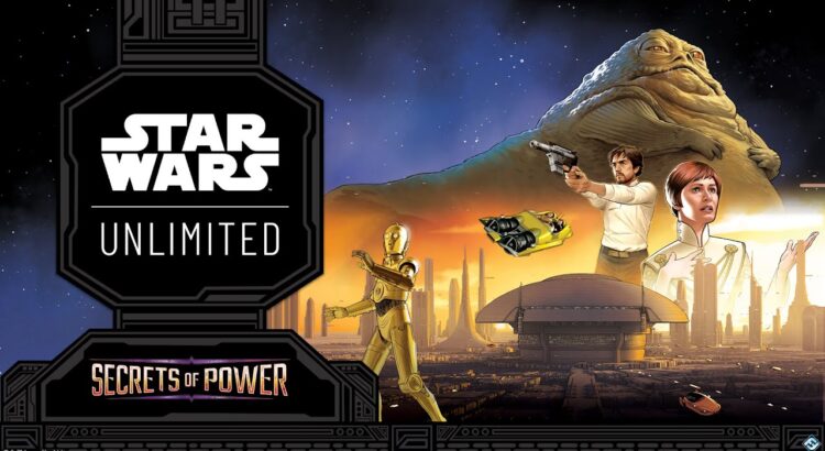 Official artwork for Star Wars Unlimited: Secrets of Power showing Jabba the Hutt, C-3PO, Han Solo, Mon Mothma and Coruscant skyline.