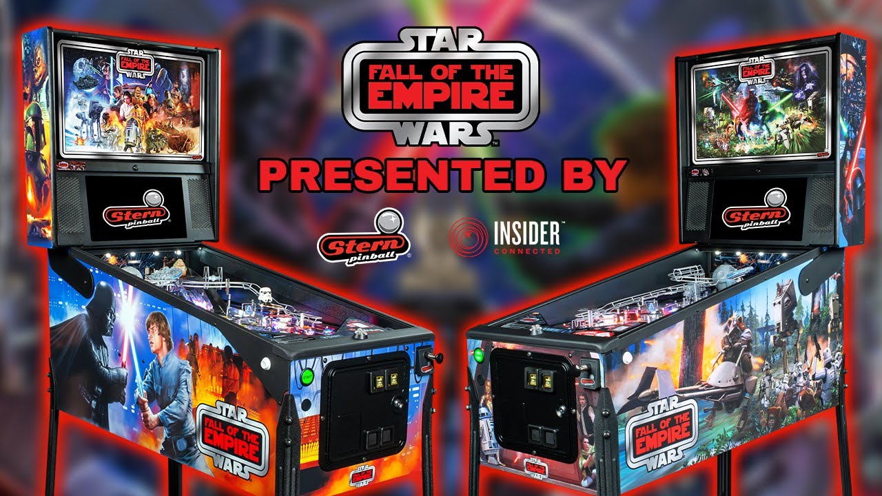 Two Stern Pinball Star Wars: Fall of the Empire pinball cabinets with vibrant Original Trilogy artwork and Insider Connected branding.
