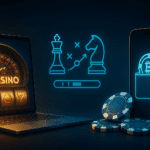 High-tech digital banner showing a laptop with casino roulette and slots, a smartphone with crypto wallet icon and poker chips, and neon chess strategy icons in blue and gold light.