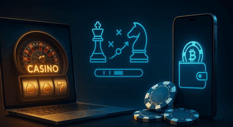 High-tech digital banner showing a laptop with casino roulette and slots, a smartphone with crypto wallet icon and poker chips, and neon chess strategy icons in blue and gold light.
