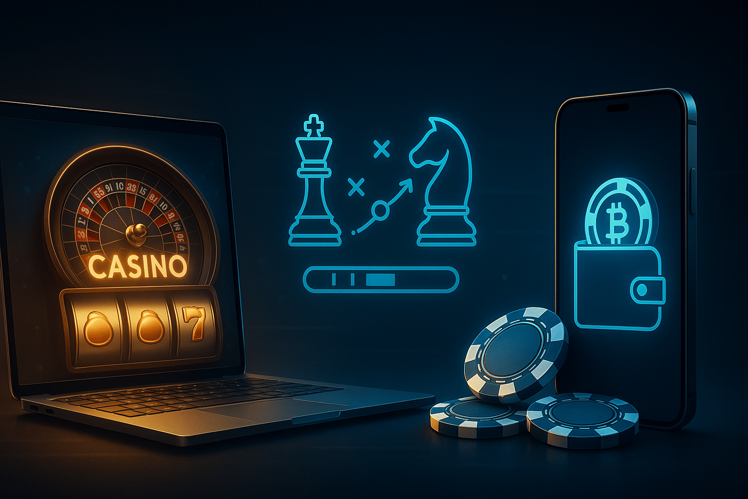 High-tech digital banner showing a laptop with casino roulette and slots, a smartphone with crypto wallet icon and poker chips, and neon chess strategy icons in blue and gold light.