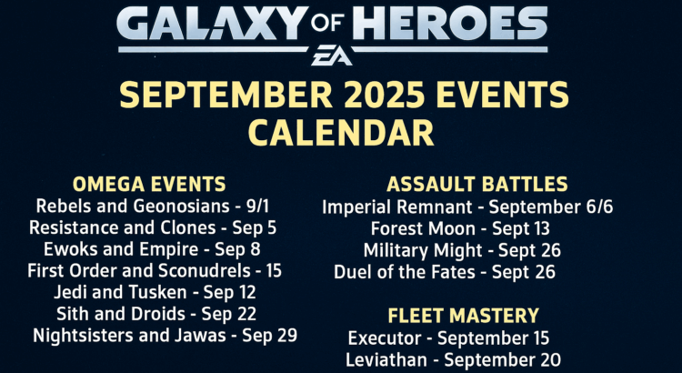 Star Wars: Galaxy of Heroes September 2025 events calendar infographic with Omega events, Assault Battles, Fleet Mastery, and Territory Wars.