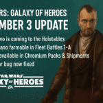 Star Wars: Galaxy of Heroes September 3, 2025 update announcement featuring Captain Silvo, bug fixes, and character updates.