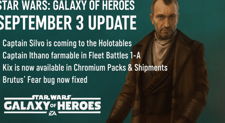 Star Wars: Galaxy of Heroes September 3, 2025 update announcement featuring Captain Silvo, bug fixes, and character updates.