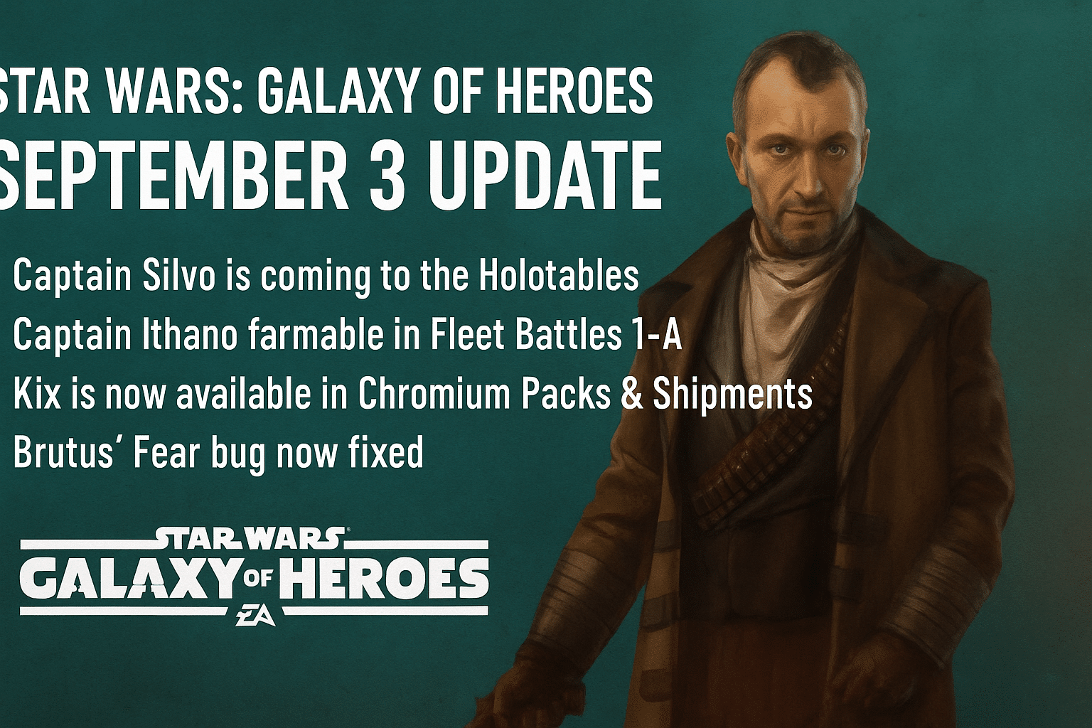 Star Wars: Galaxy of Heroes September 3, 2025 update announcement featuring Captain Silvo, bug fixes, and character updates.