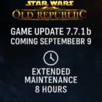 Star Wars: The Old Republic Game Update 7.7.1b promotional graphic with gold SWTOR logo, September 9 release date, and extended 8-hour maintenance notice.