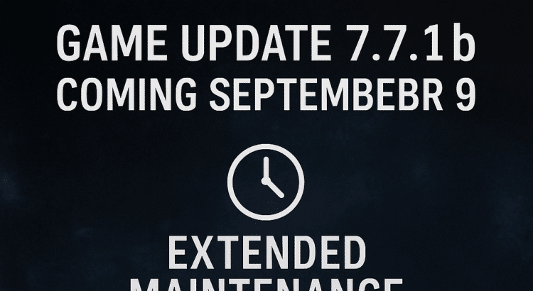 Star Wars: The Old Republic Game Update 7.7.1b promotional graphic with gold SWTOR logo, September 9 release date, and extended 8-hour maintenance notice.