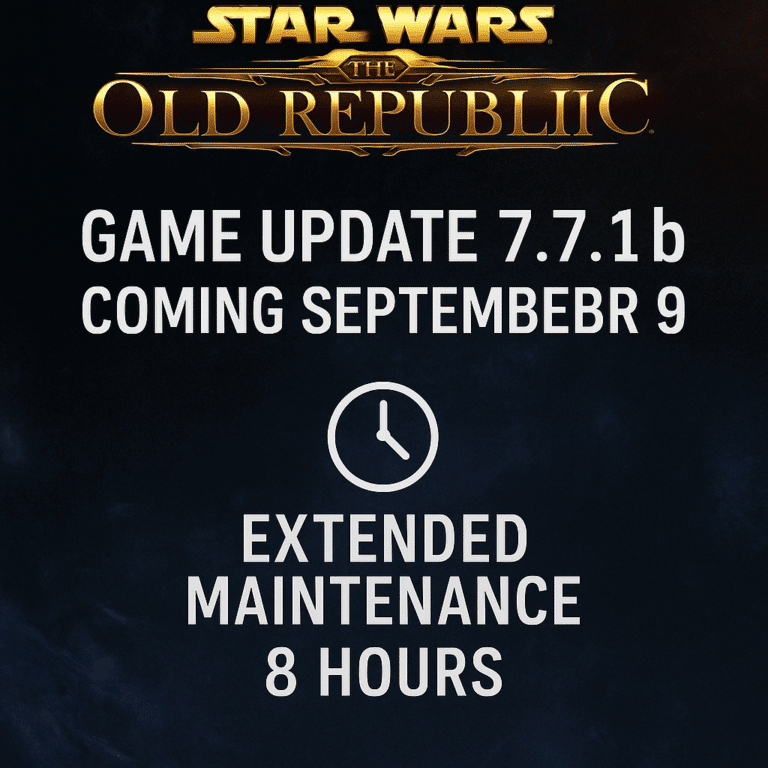 Star Wars: The Old Republic Game Update 7.7.1b promotional graphic with gold SWTOR logo, September 9 release date, and extended 8-hour maintenance notice.