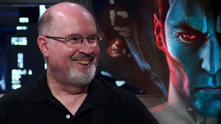Timothy Zahn smiling with artwork of Grand Admiral Thrawn in the background, celebrating the Star Wars author’s birthday.