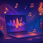 Laptop with colorful sound wave and floating music notes representing AI-powered music creation