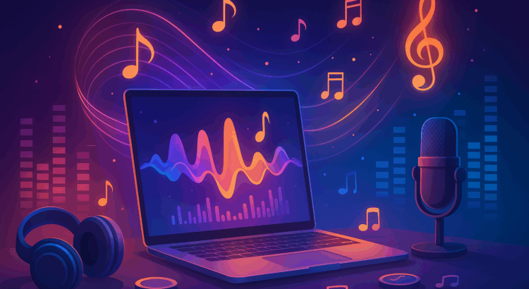 Laptop with colorful sound wave and floating music notes representing AI-powered music creation