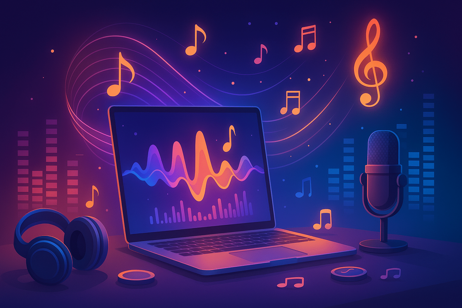 Laptop with colorful sound wave and floating music notes representing AI-powered music creation
