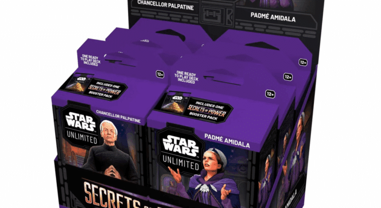 Star Wars Unlimited Secrets of Power Spotlight Deck retail display with Chancellor Palpatine and Padmé Amidala decks.