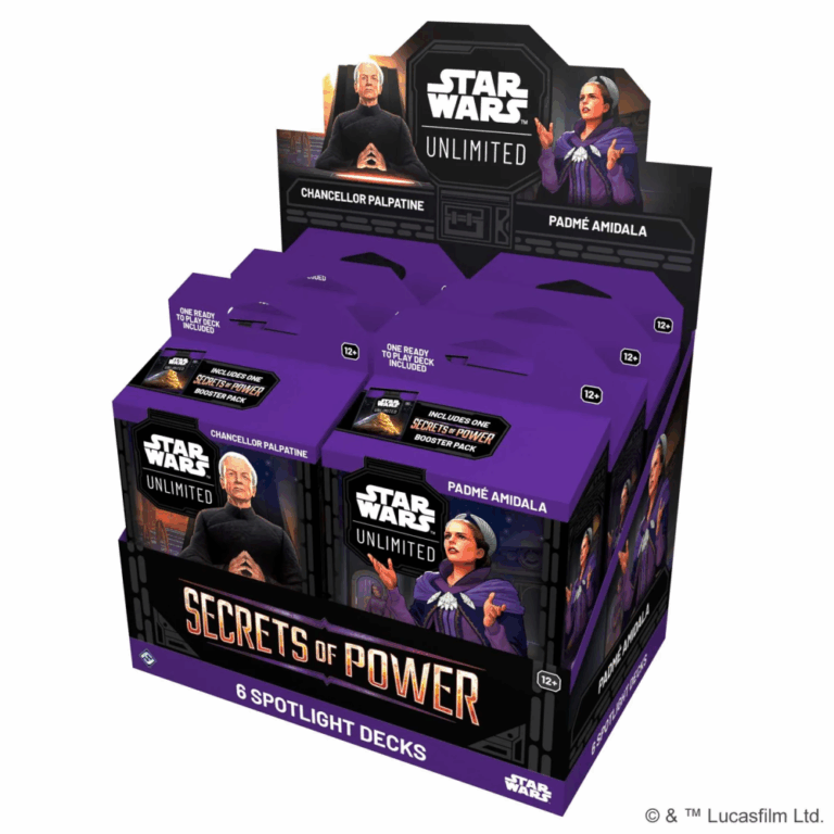 Star Wars Unlimited Secrets of Power Spotlight Deck retail display with Chancellor Palpatine and Padmé Amidala decks.