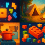 Collage of puzzle shapes, campsite, cartoon kitchen, and colorful building blocks