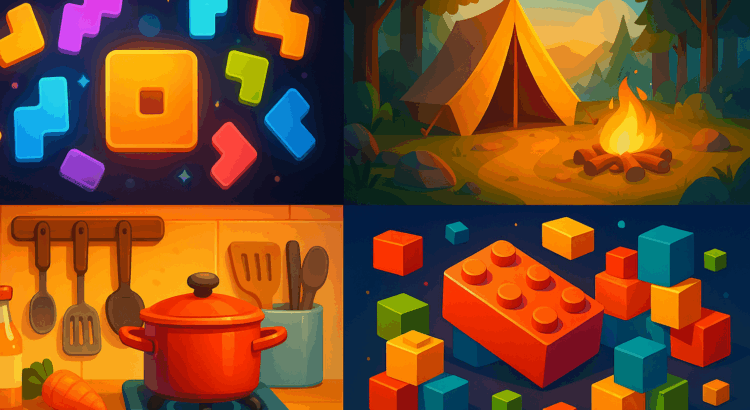 Collage of puzzle shapes, campsite, cartoon kitchen, and colorful building blocks