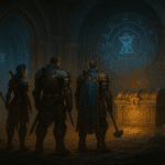 Adventurers in a dungeon facing a glowing treasure chest with arcane runes on the wall