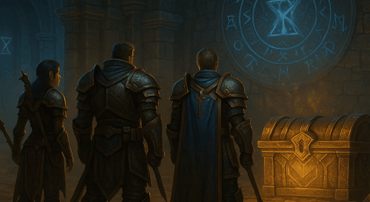 Adventurers in a dungeon facing a glowing treasure chest with arcane runes on the wall