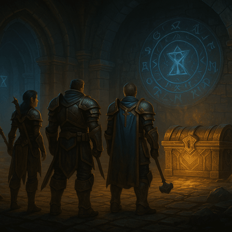 Adventurers in a dungeon facing a glowing treasure chest with arcane runes on the wall