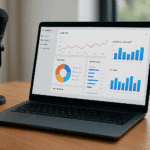 Modern workspace with laptop showing generic analytics dashboard, microphone, headphones, and coffee cup