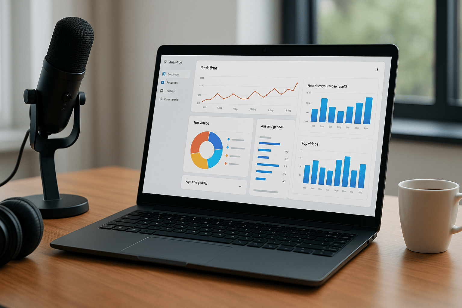 Modern workspace with laptop showing generic analytics dashboard, microphone, headphones, and coffee cup