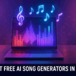 Laptop with holographic music notes and waveforms representing AI-powered music creation