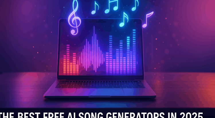 Laptop with holographic music notes and waveforms representing AI-powered music creation