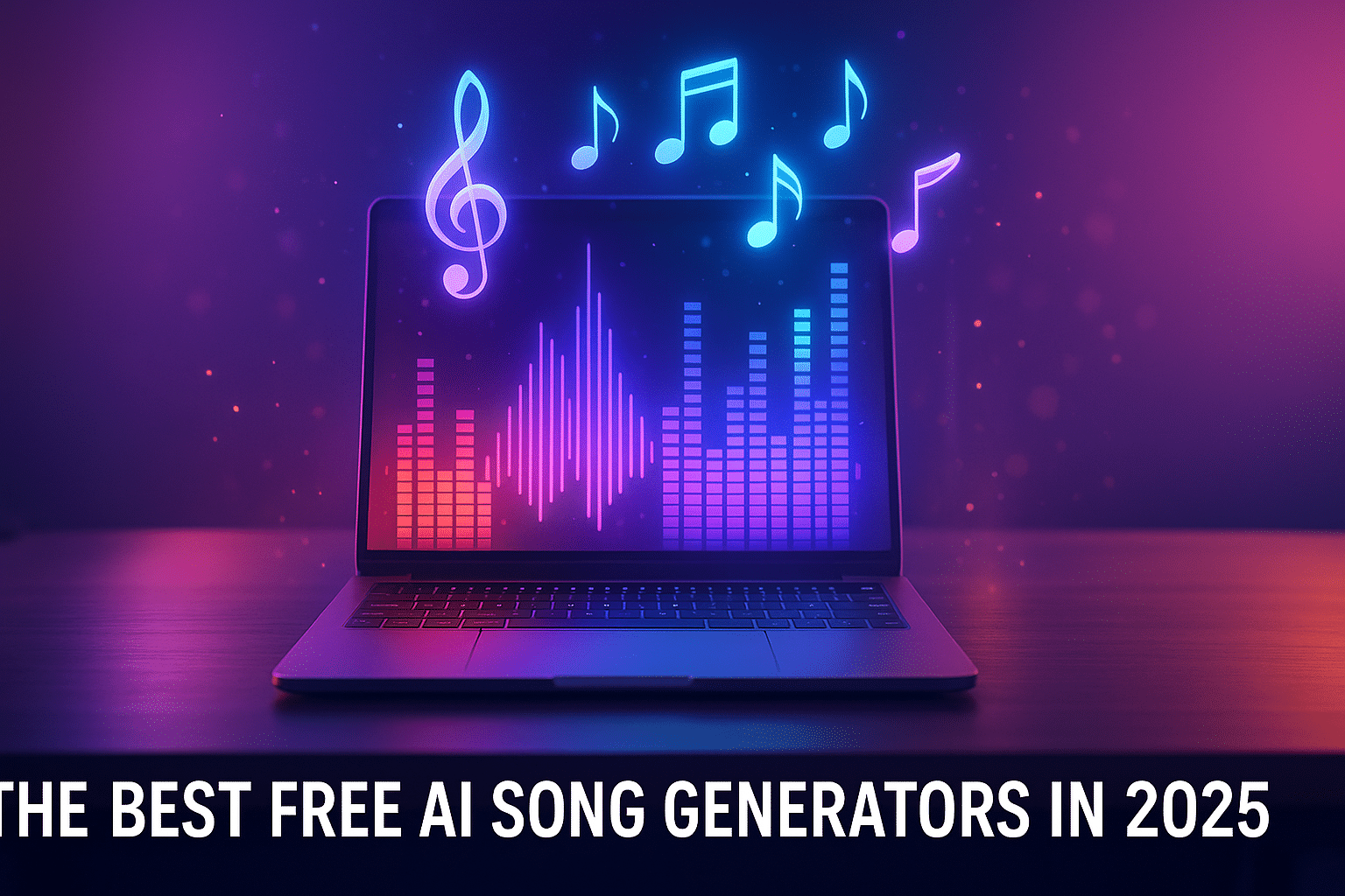 Laptop with holographic music notes and waveforms representing AI-powered music creation