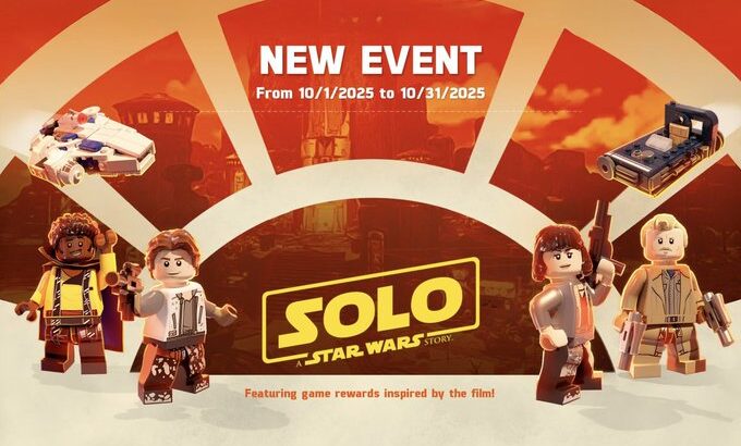 LEGO Star Wars: Castaways Solo A Star Wars Story event poster featuring LEGO Han Solo, Lando Calrissian, Qi’ra, and Tobias Beckett with event dates October 1–31, 2025.