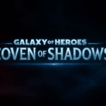 Galaxy of Heroes: Coven of Shadows glowing metallic blue logo on dark sci-fi background