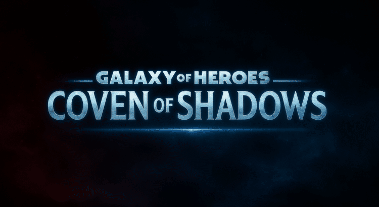 Galaxy of Heroes: Coven of Shadows glowing metallic blue logo on dark sci-fi background