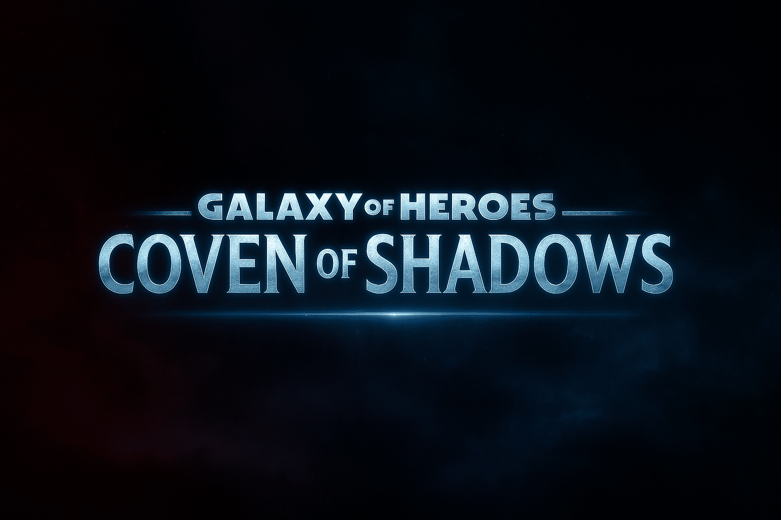 Galaxy of Heroes: Coven of Shadows glowing metallic blue logo on dark sci-fi background